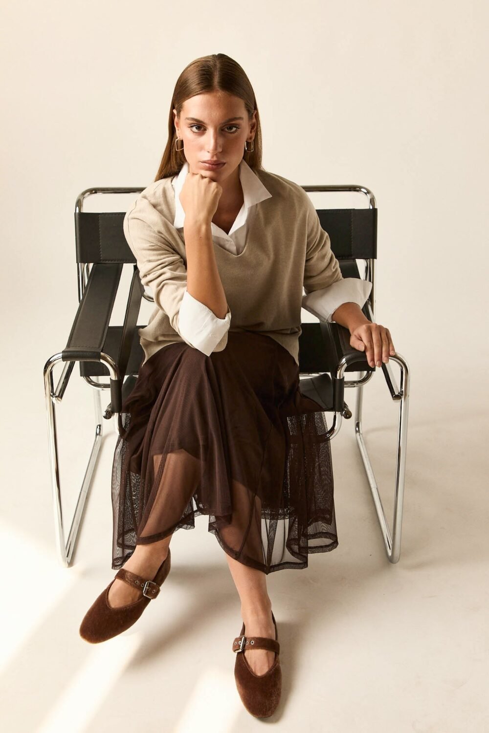 Falda midi tul marrón