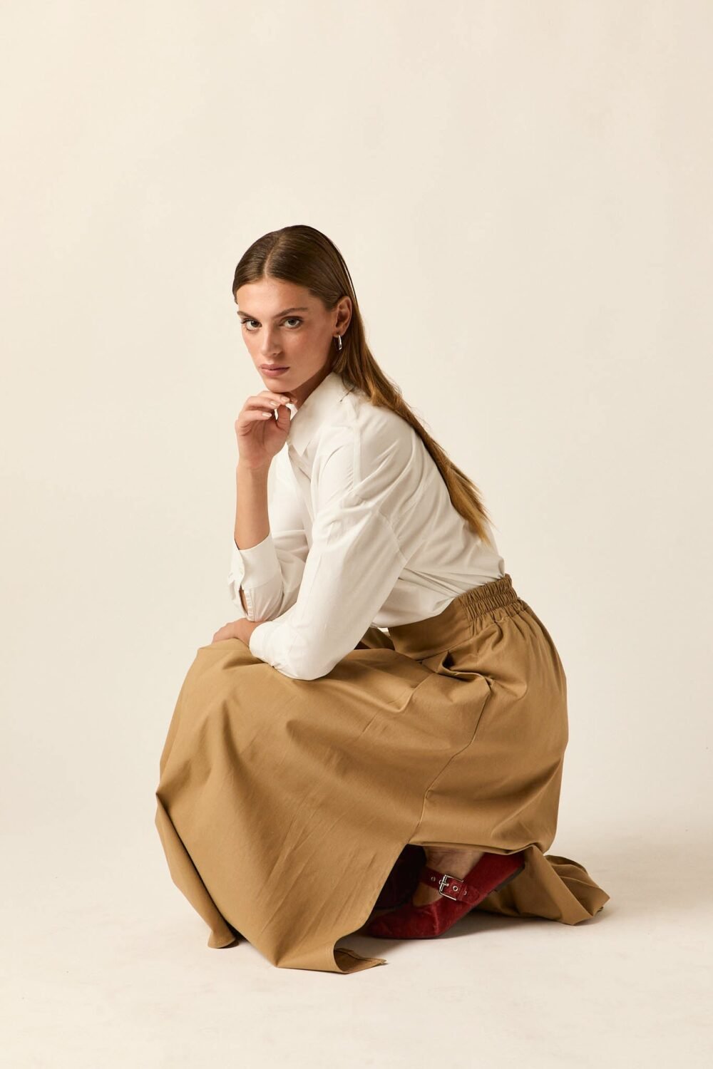 Falda midi tablas camel