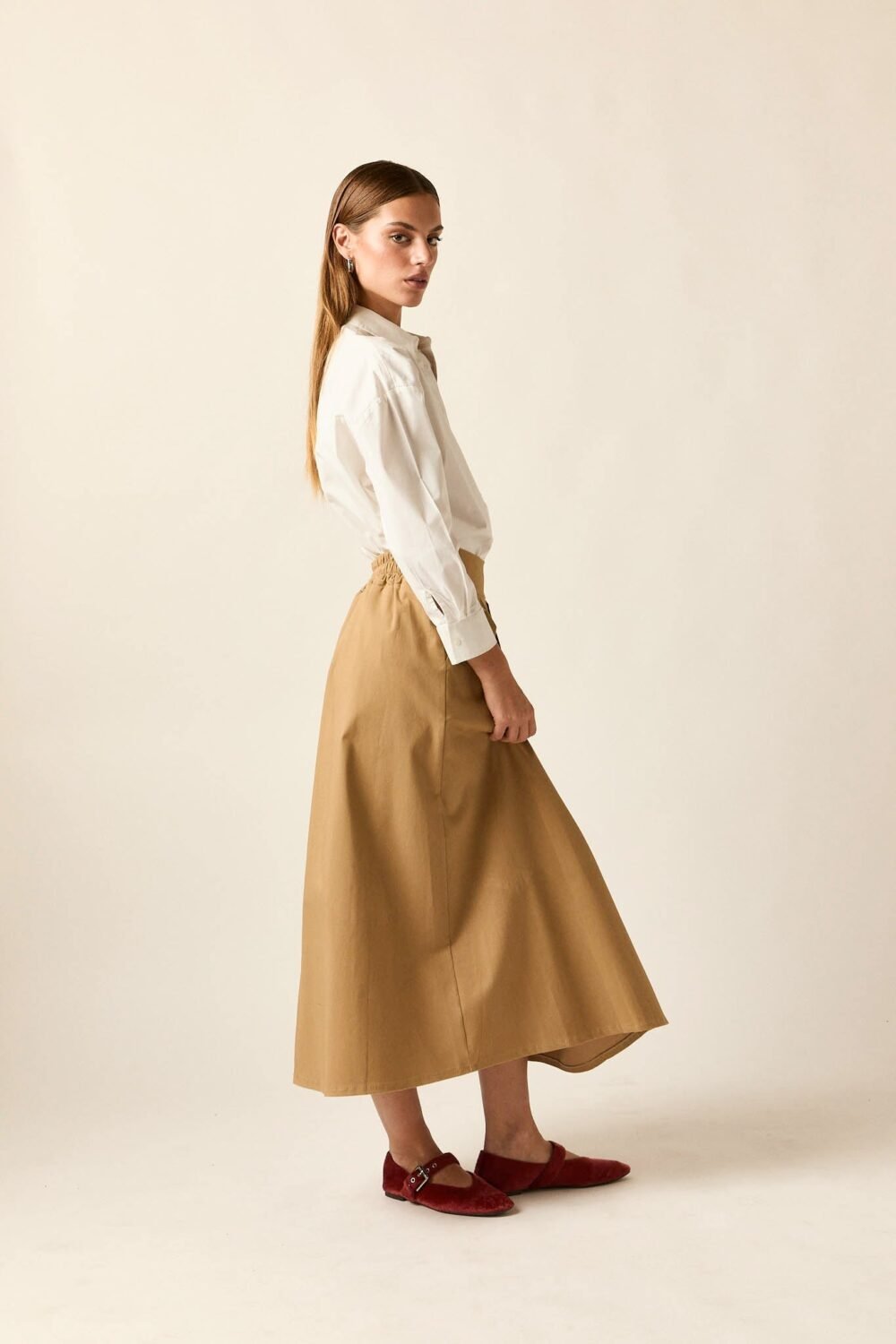 Falda midi tablas camel