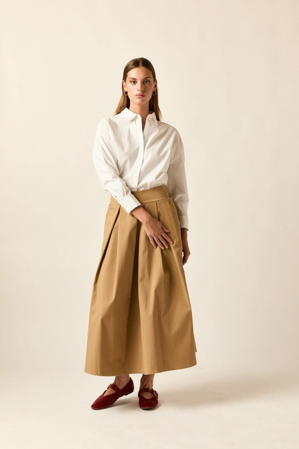 Falda midi tablas camel