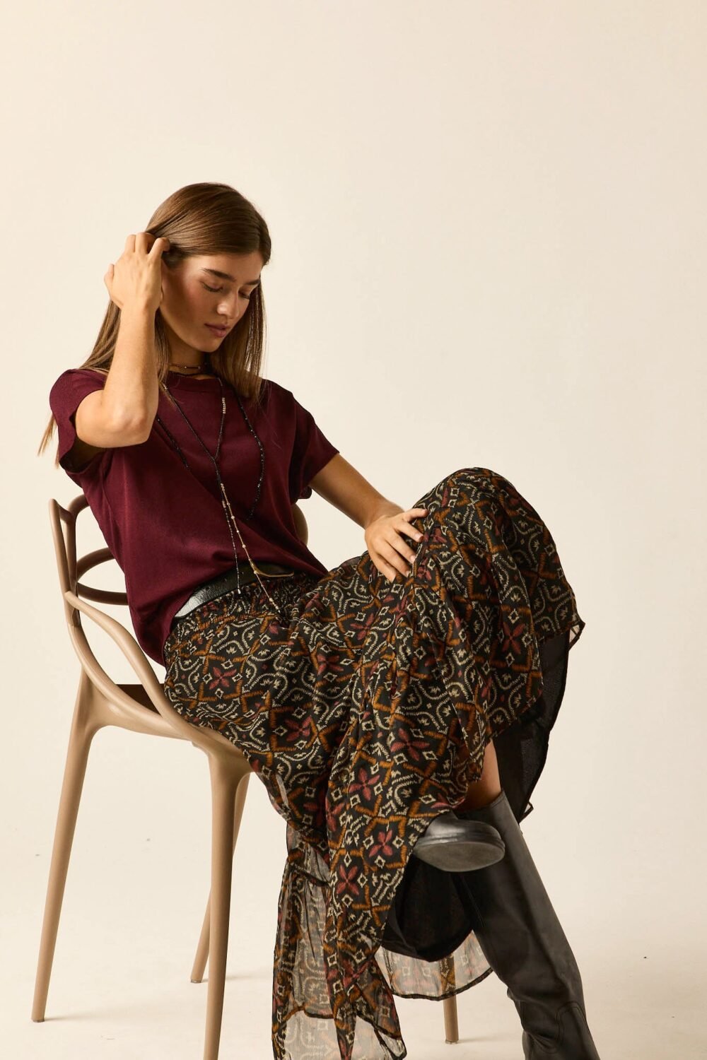 Falda larga gasa print étnico