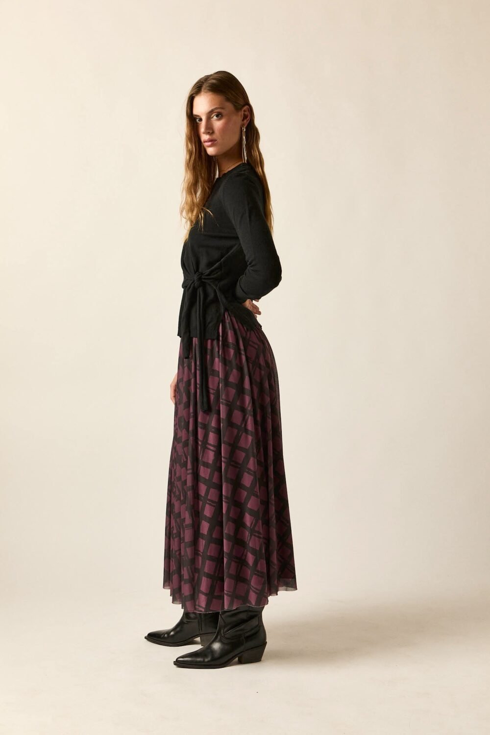 Falda tul estampado cuadros berenjena