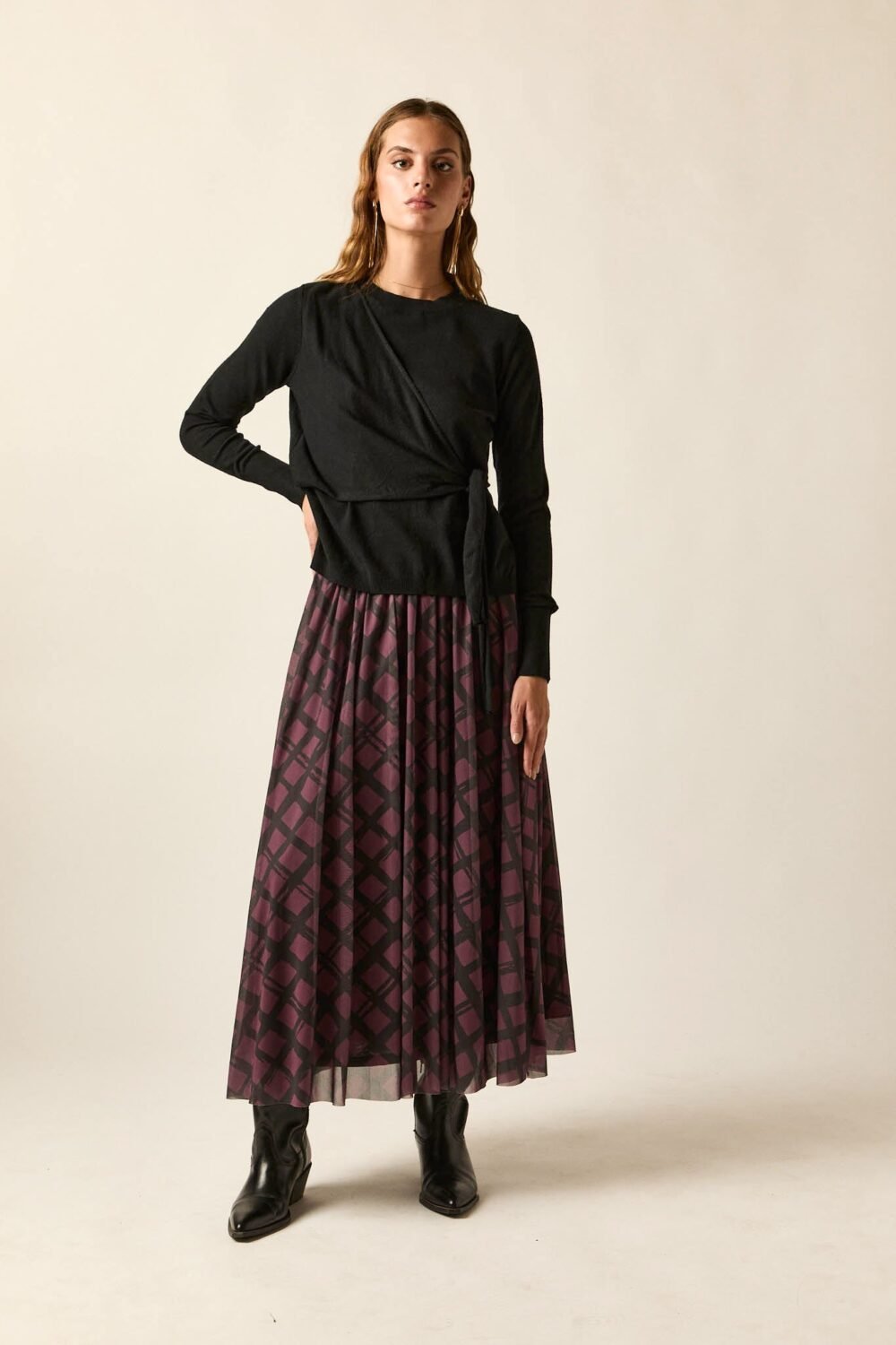 Falda tul estampado cuadros berenjena