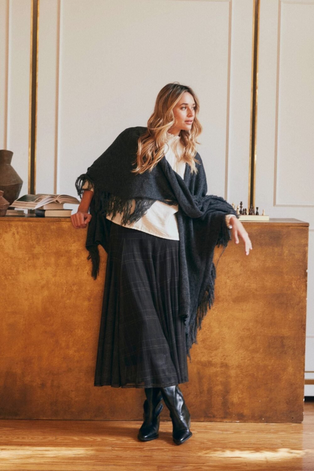 Falda midi tul cuadros gris