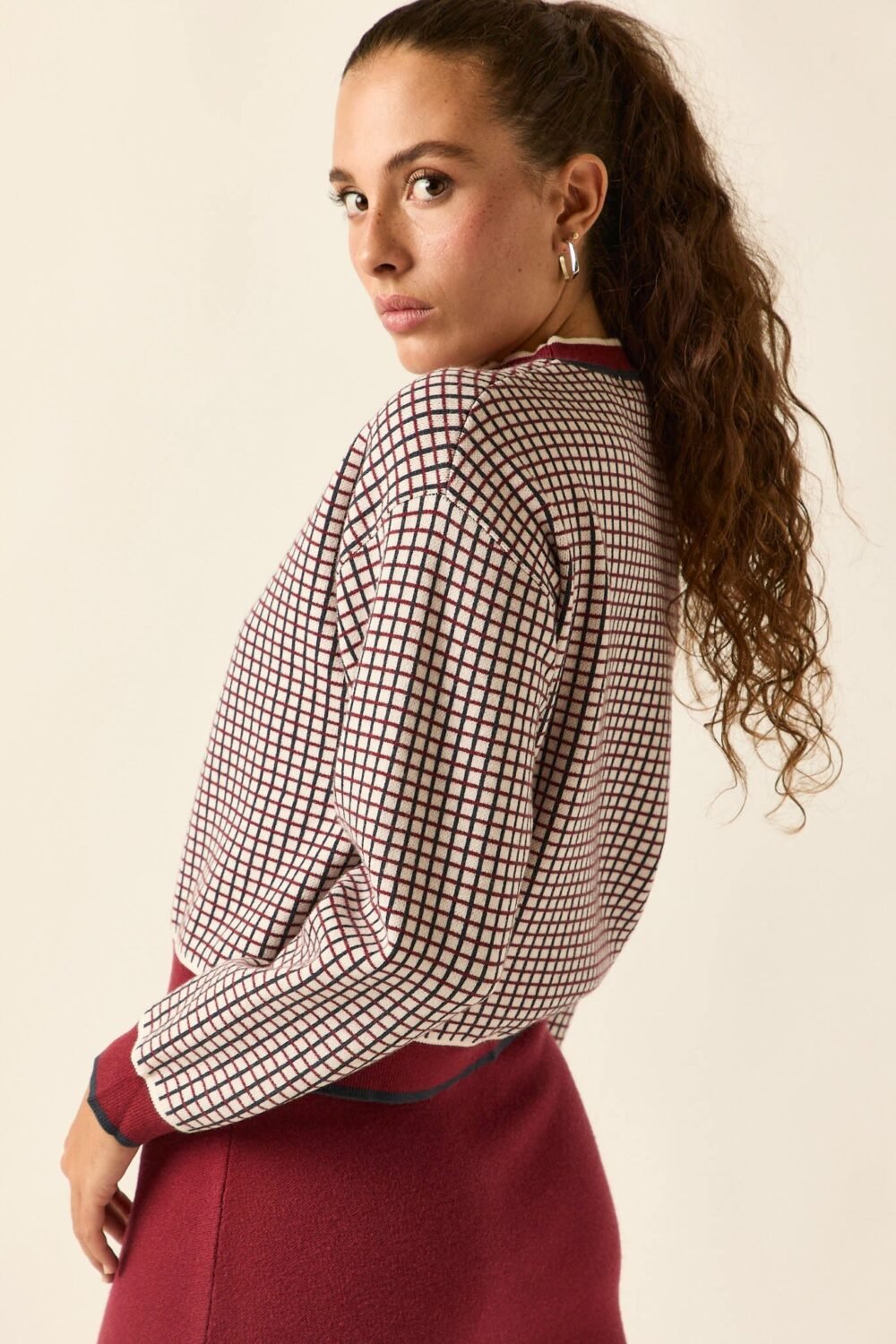 Jersey jacquard cuadros vino