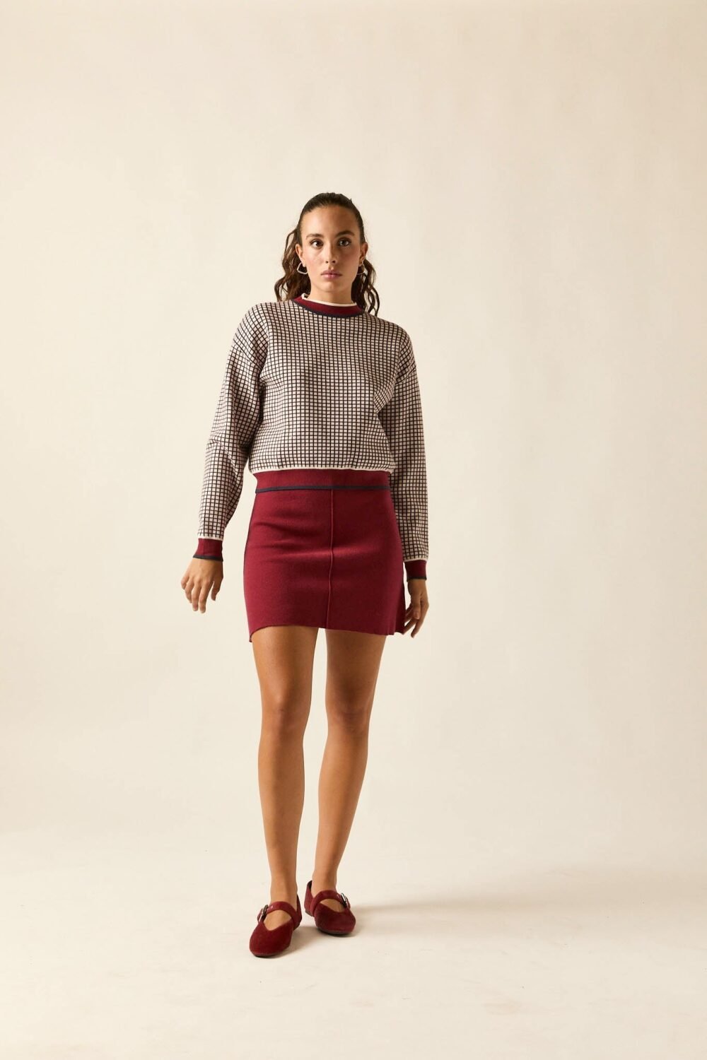 Jersey jacquard cuadros vino