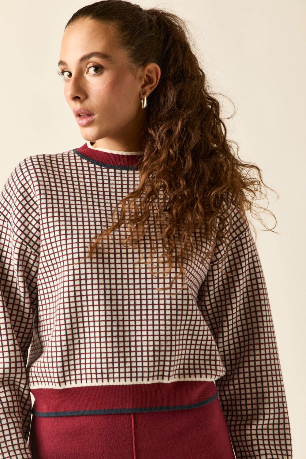 Jersey jacquard cuadros vino