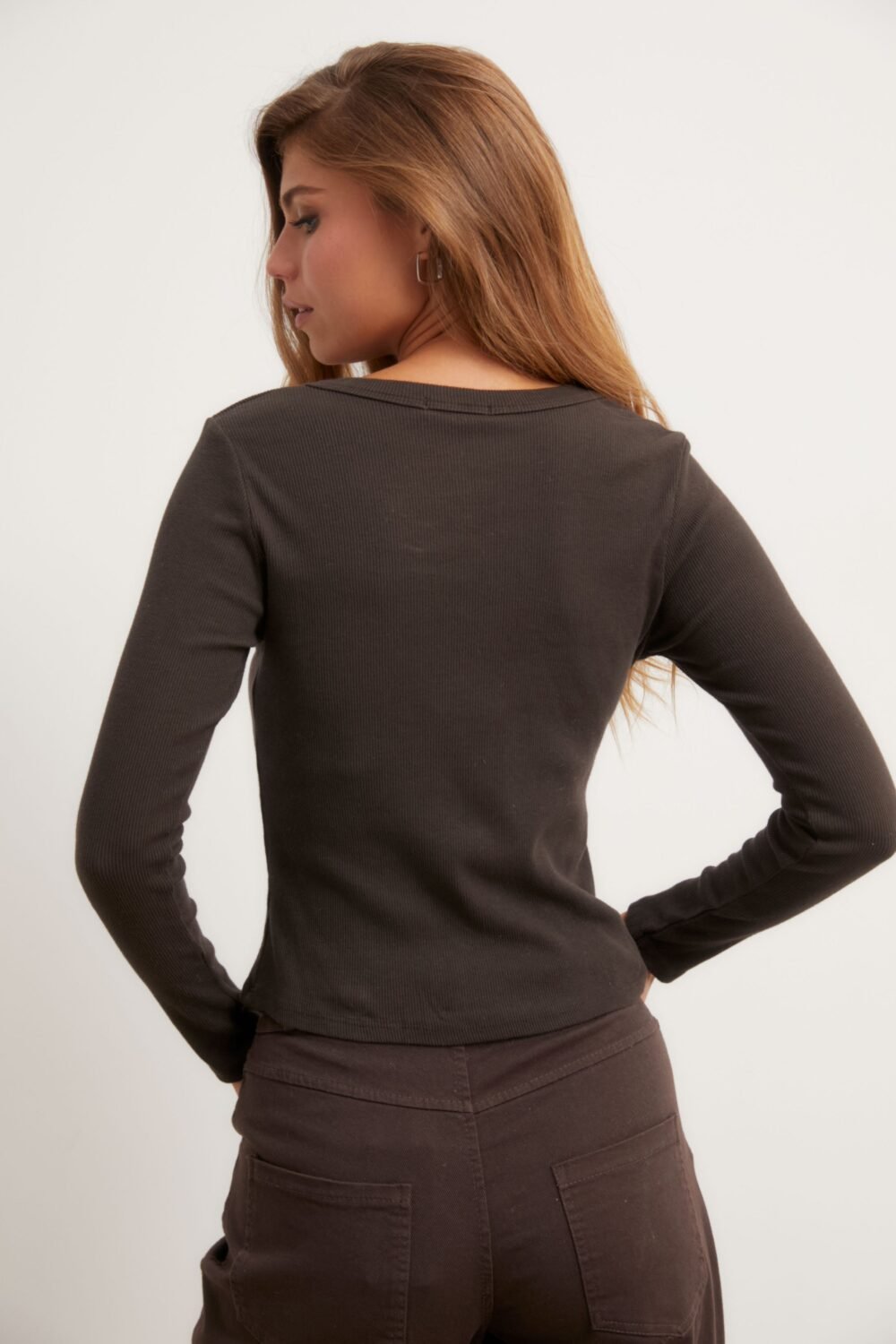 Camiseta manga larga canalé marrón