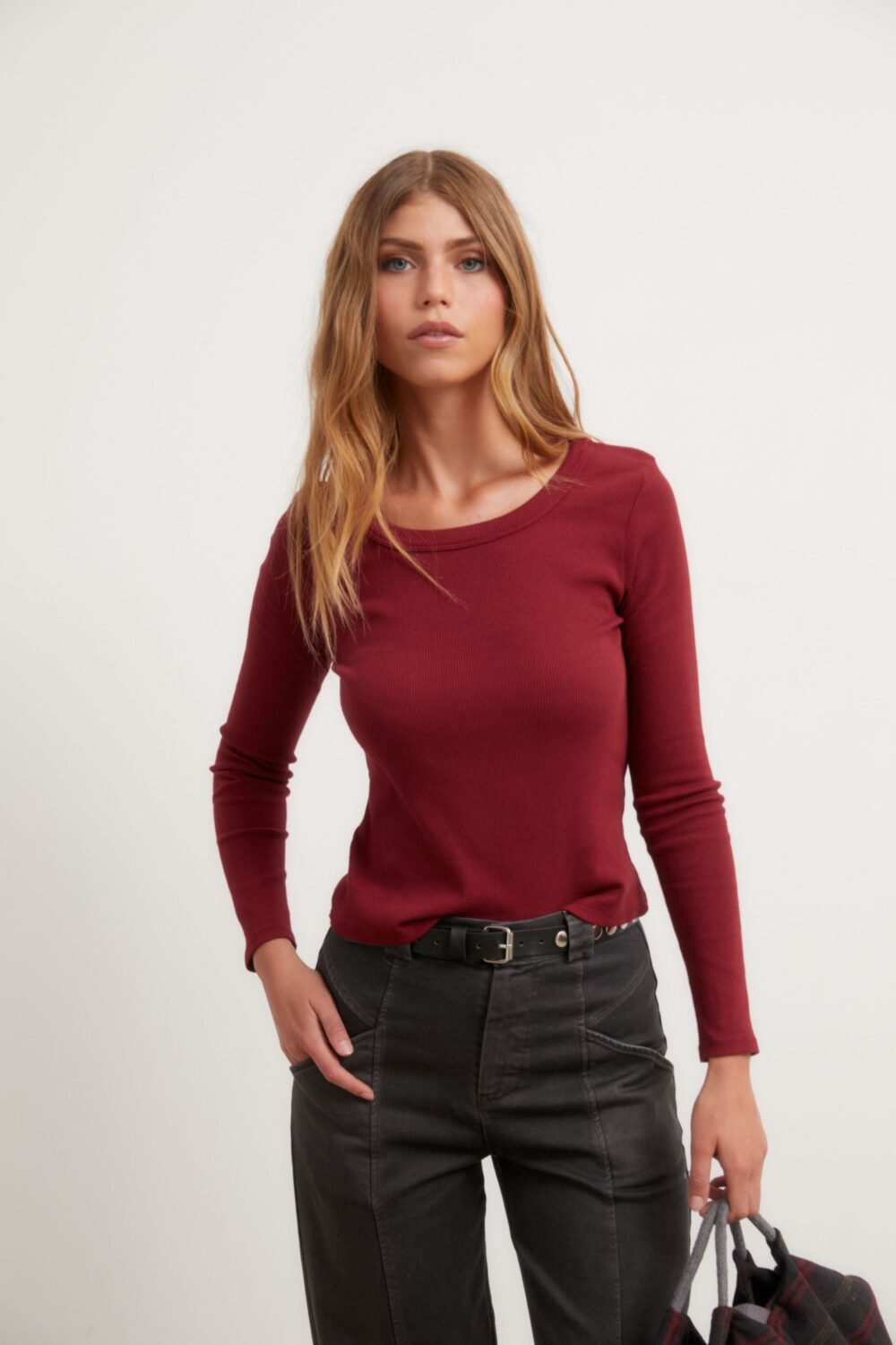 Camiseta manga larga canalé granate