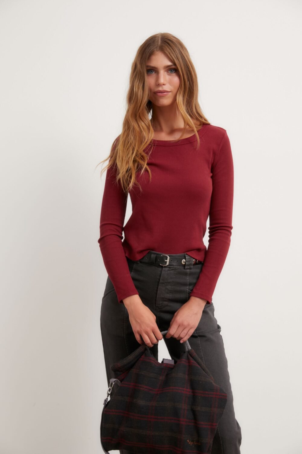 Camiseta manga larga canalé granate