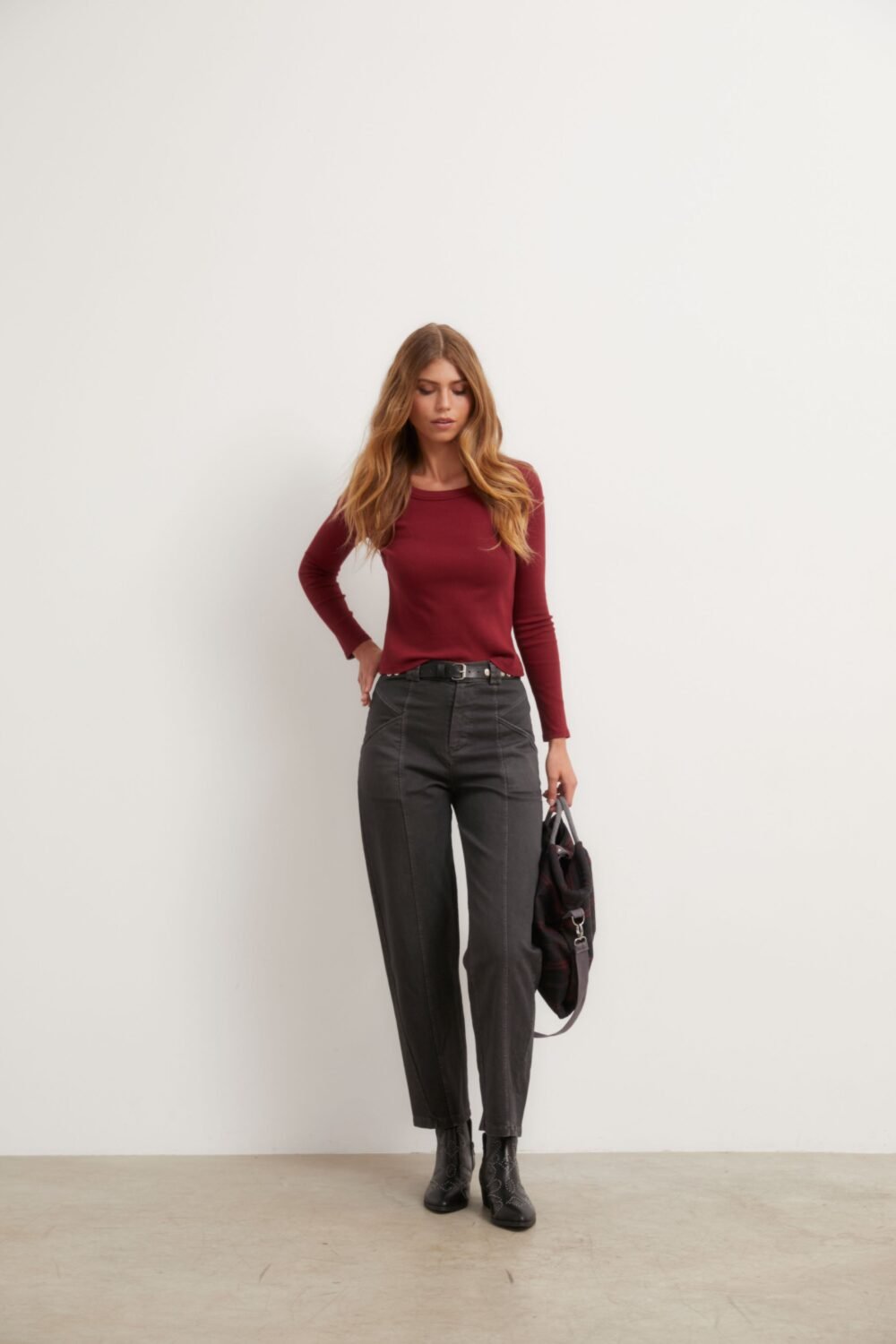 Camiseta manga larga canalé granate