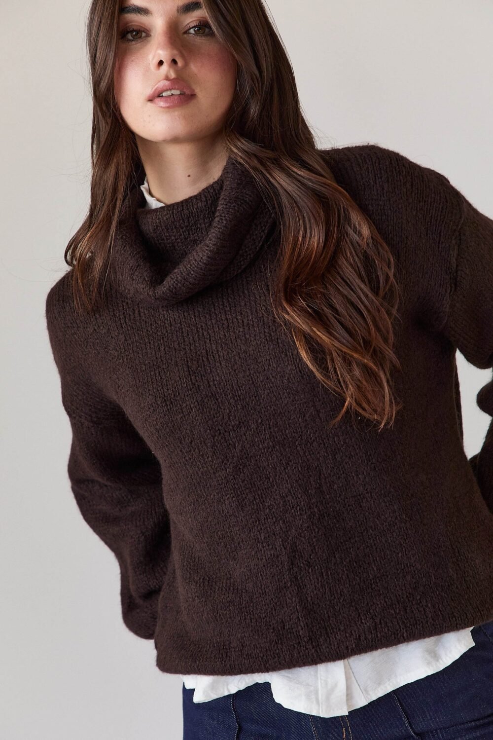 Jersey cuello vuelto canalé marrón