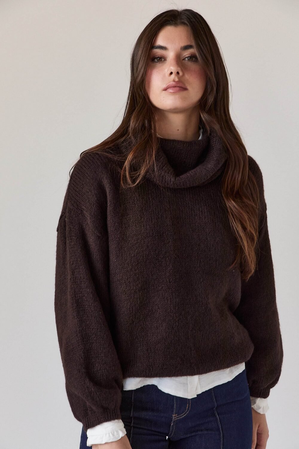 Jersey cuello vuelto canalé marrón