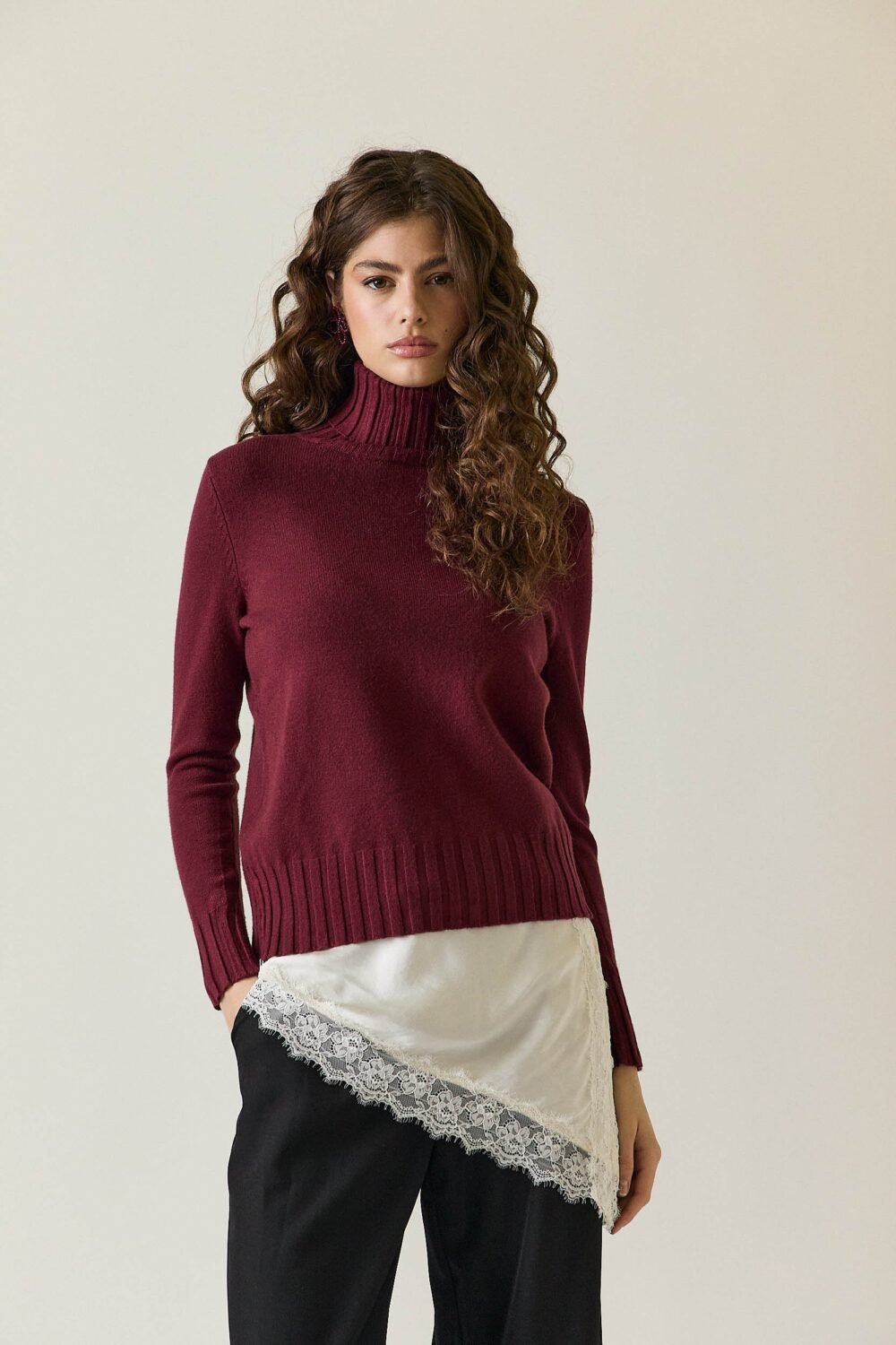 Jersey cuello vuelto canalé Granate