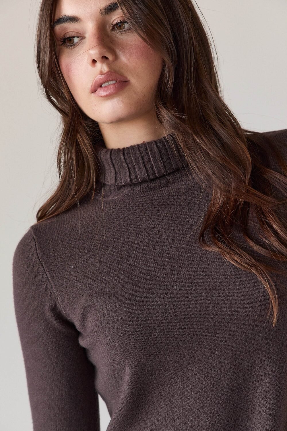 Jersey cuello vuelto canalé marrón