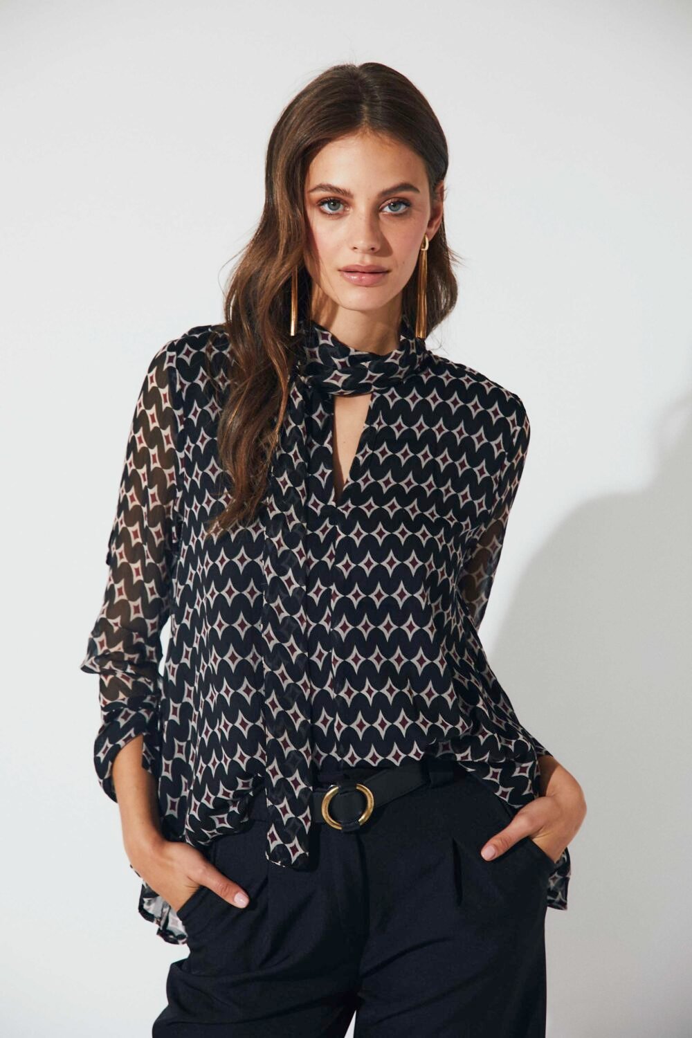 Blusa gasa lazo print fantasía