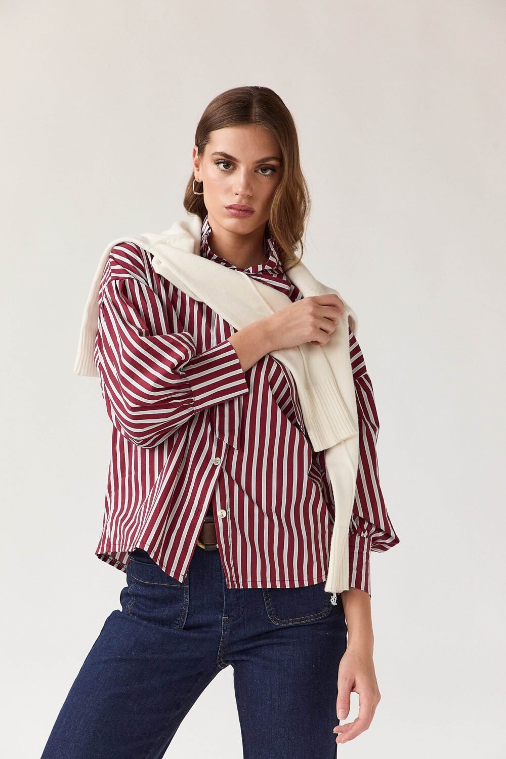 Blusa lazo rayas manga abullonada vino