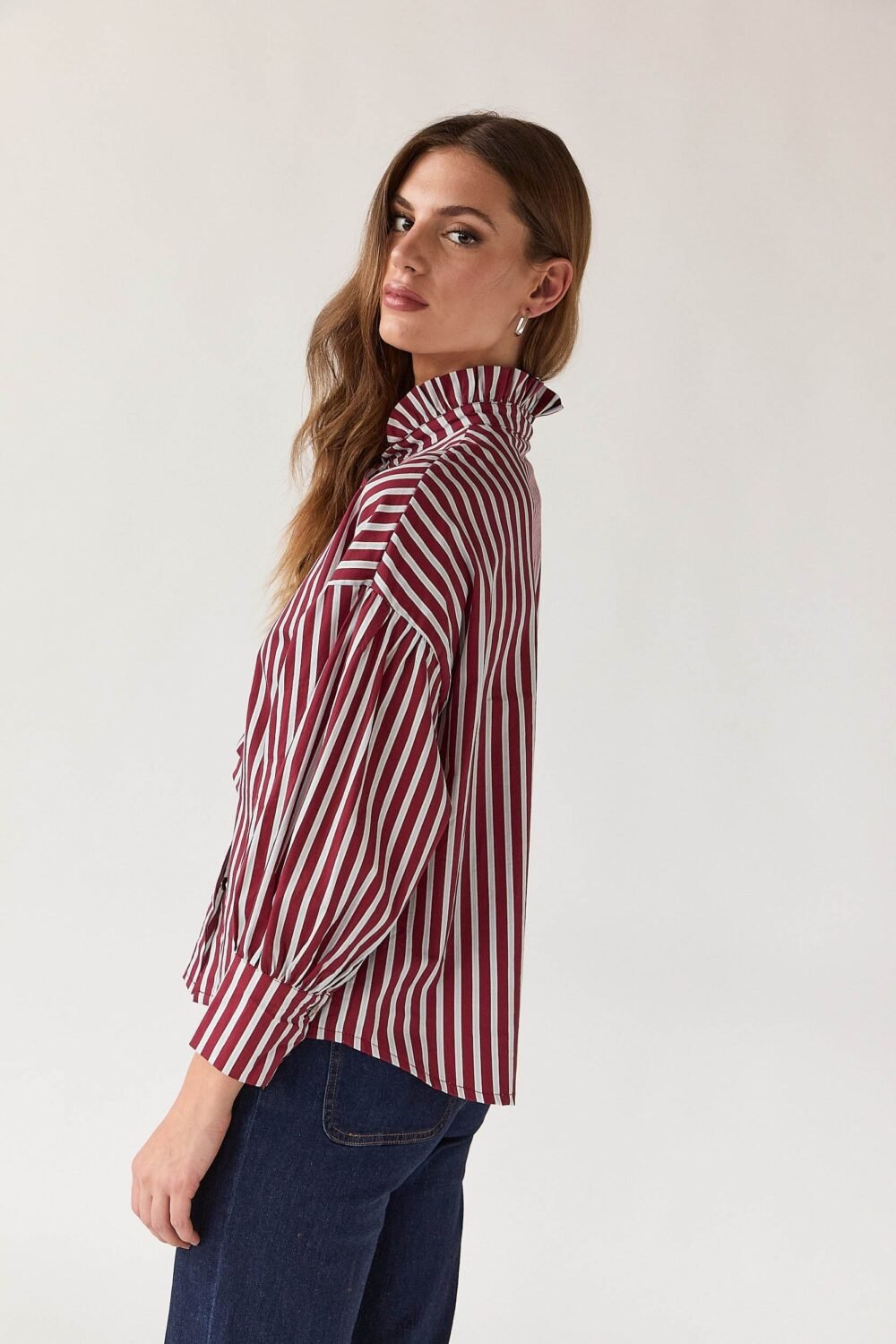 Blusa lazo rayas manga abullonada vino