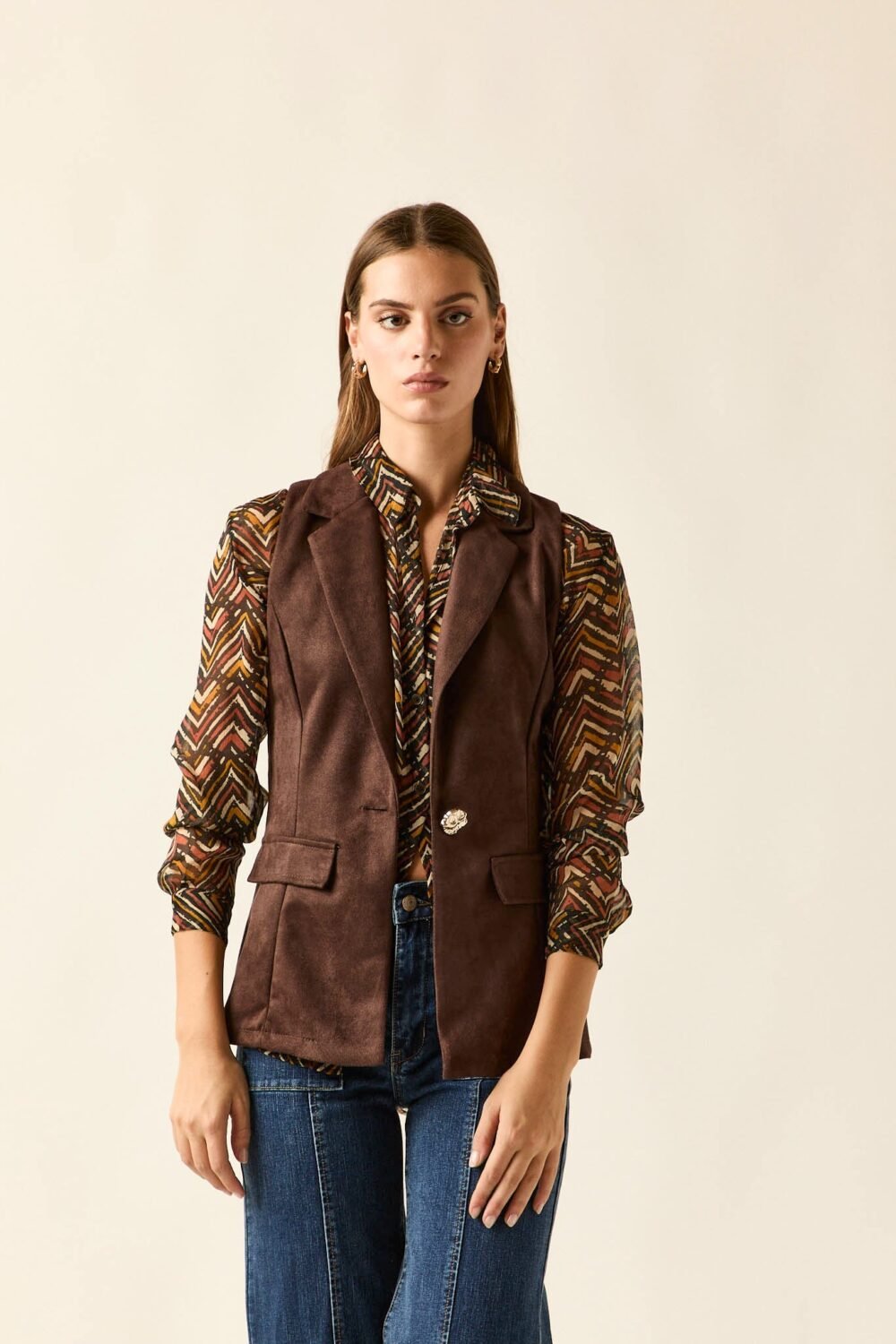 Vest botón efecto ante marrón