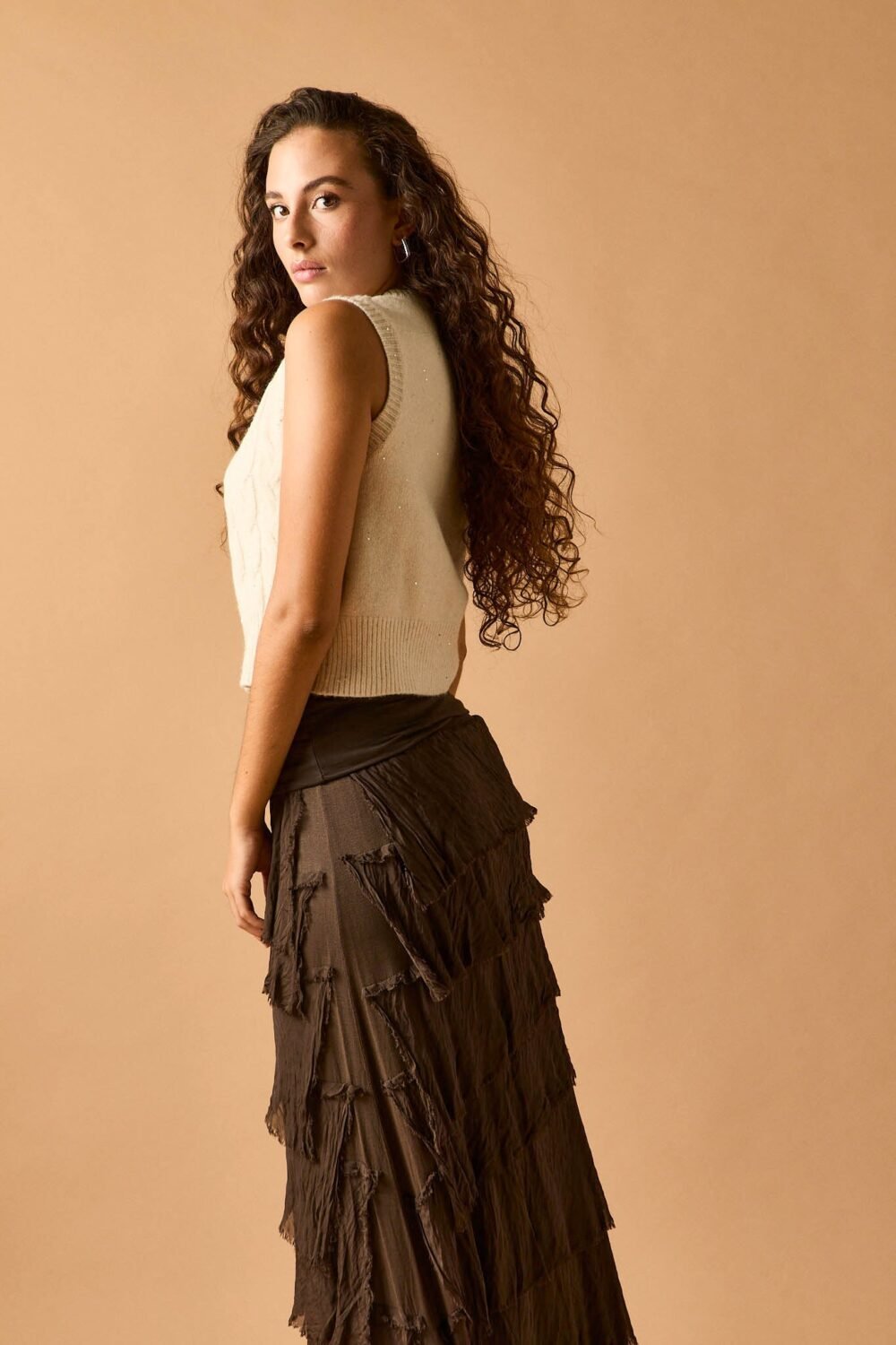 Falda larga de volantes marrón