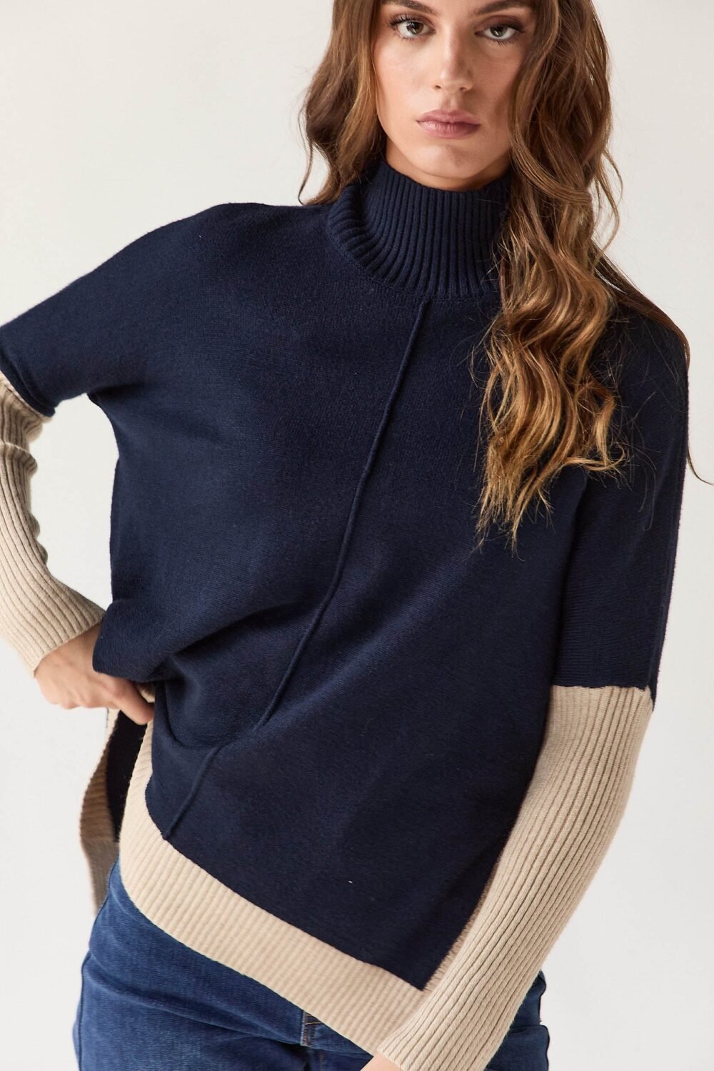 Jersey manga contraste bicolor azul marino