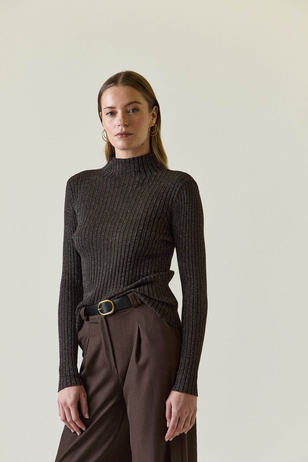 Jersey lurex canalé marrón