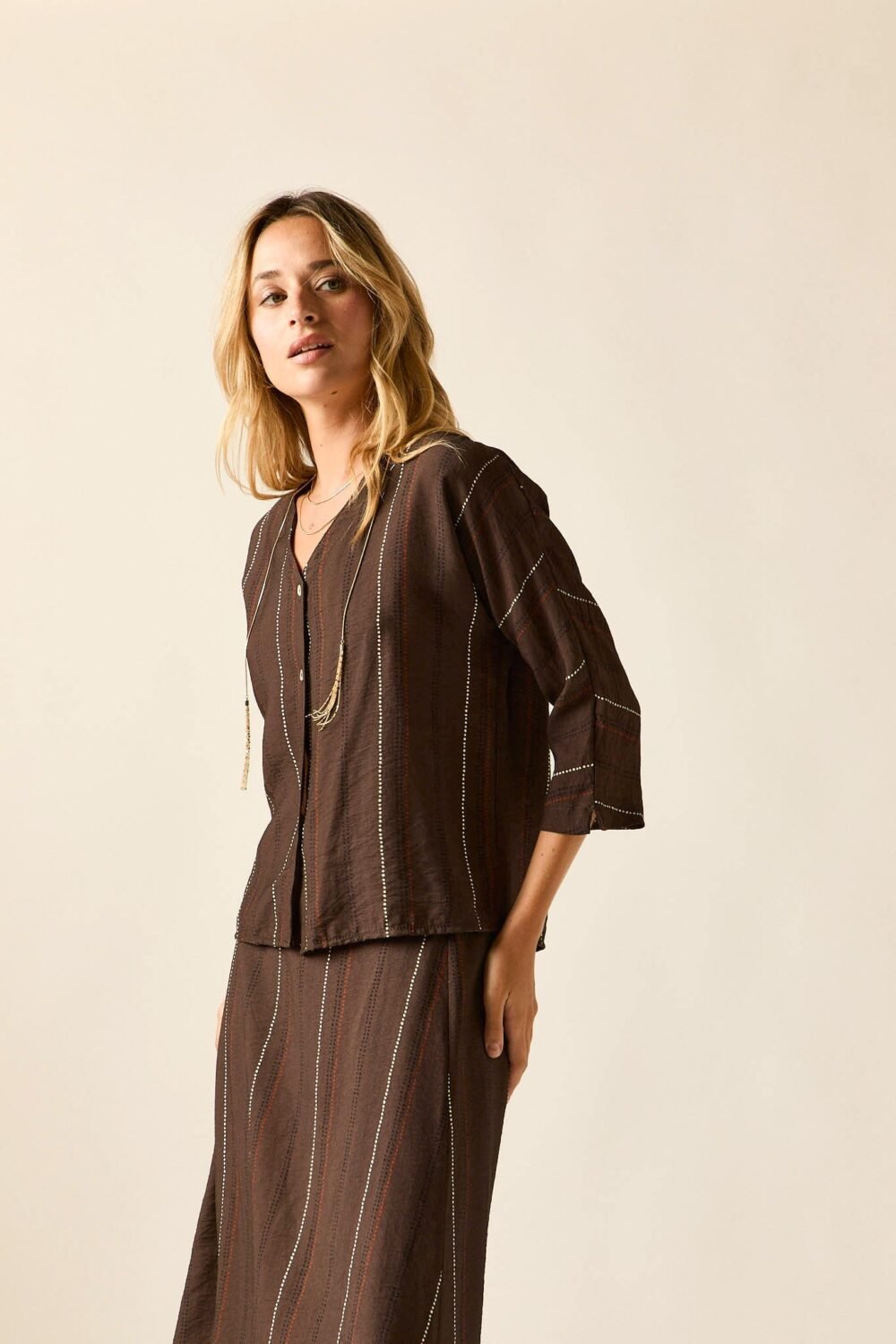 Blusa manga francesa rayas marrón