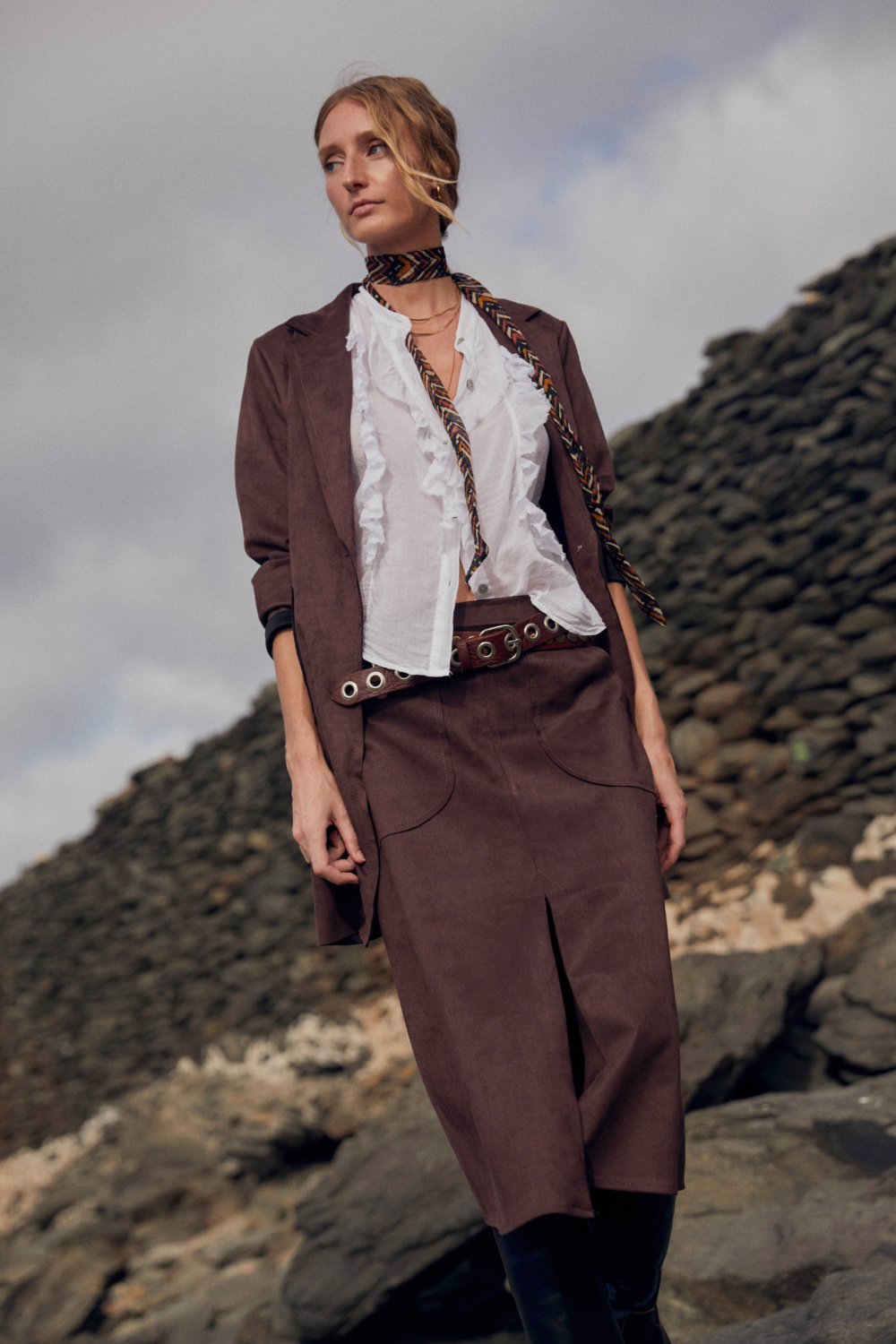 Falda efecto ante bolsillos marrón